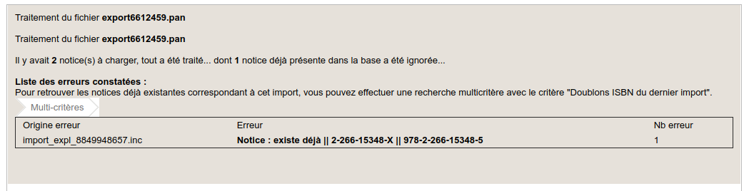 Affichage des résultats de l'importation