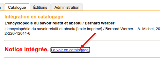 On clique (ou pas) sur "La voir en catalogage"...